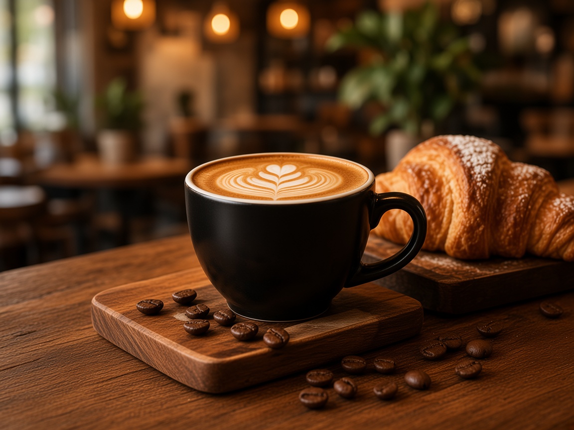 Latte art in a black mug with croissant